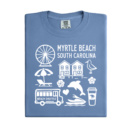 Blue t-shirt with white graphics and text about Myrtle Beach, South Carolina