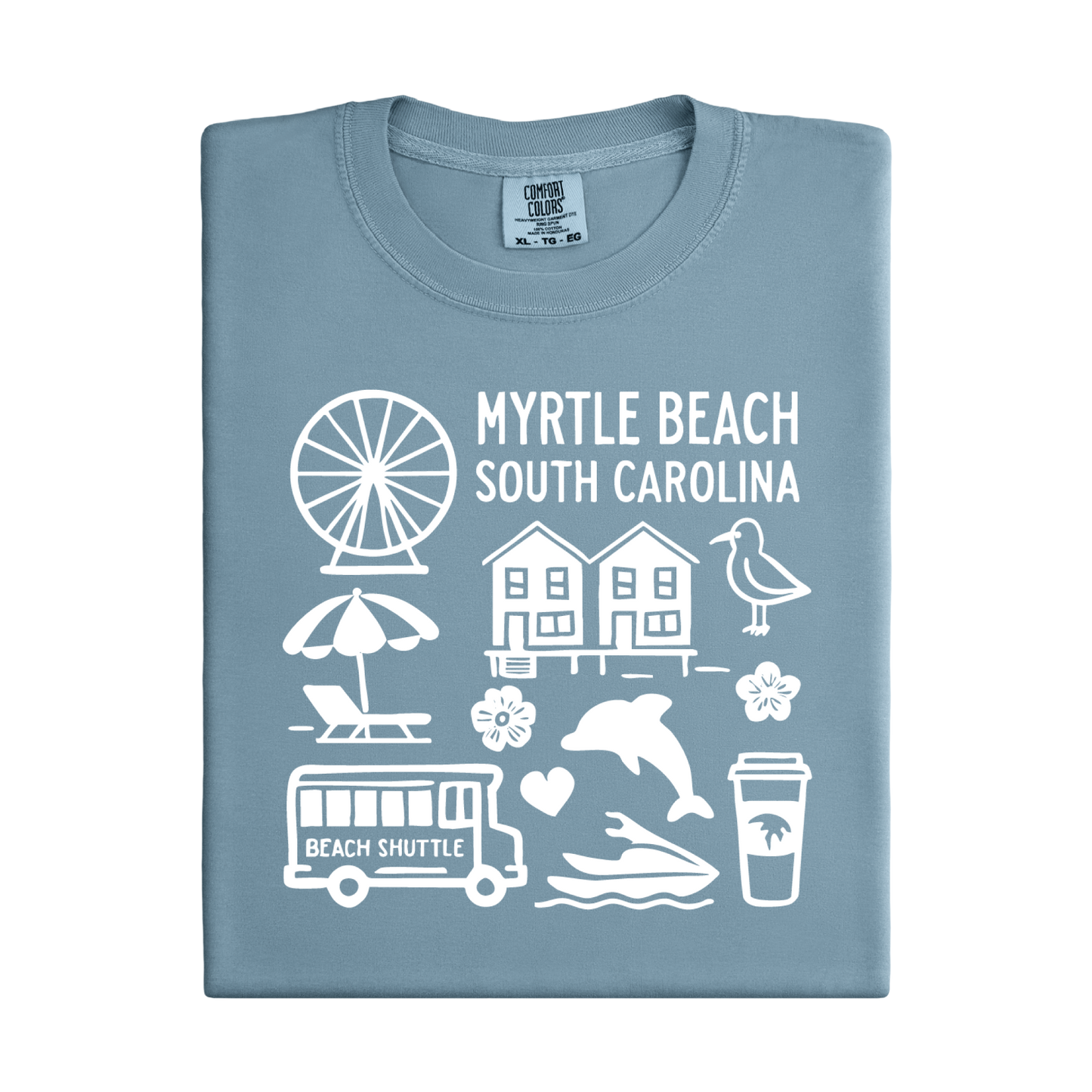 Folded blue t-shirt with white graphics and text about Myrtle Beach, South Carolina.