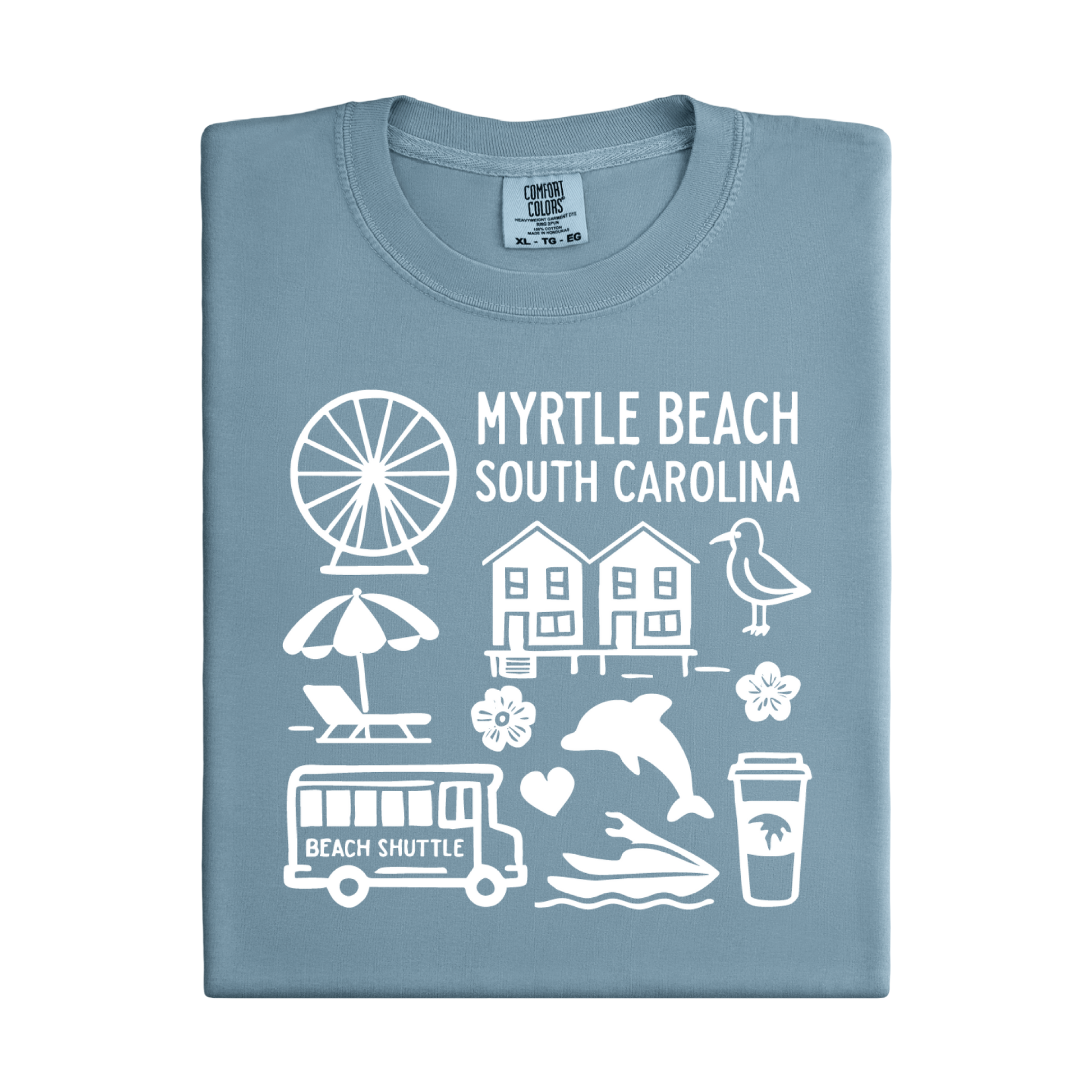 Folded blue t-shirt with white graphics and text about Myrtle Beach, South Carolina.