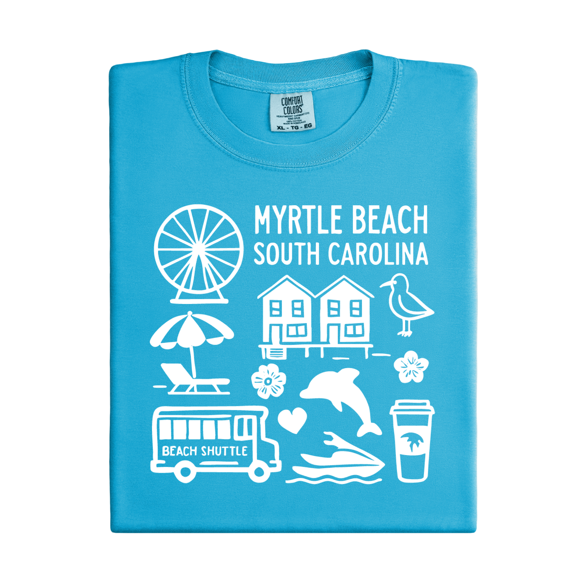 Blue t-shirt with white graphics and text about Myrtle Beach, South Carolina