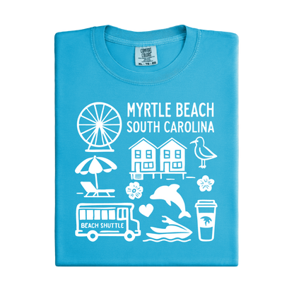 Blue t-shirt with white graphics and text about Myrtle Beach, South Carolina