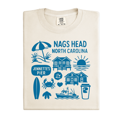 Beige t-shirt with blue coastal graphics and text on a white background