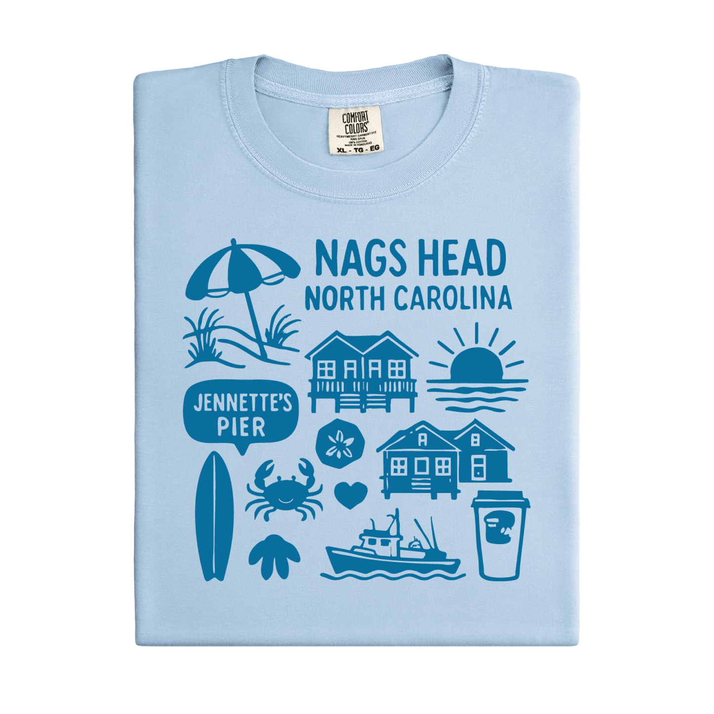 Light blue t-shirt with blue graphics and text on a white background