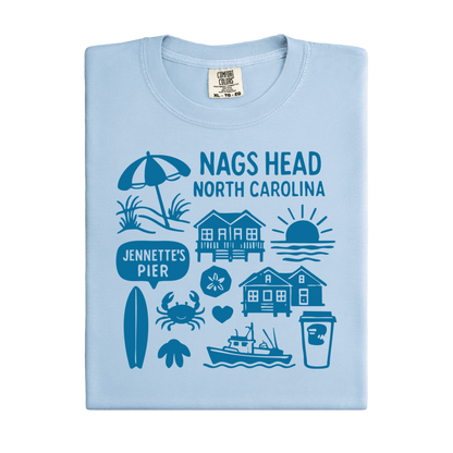 Light blue t-shirt with blue graphics and text on a white background