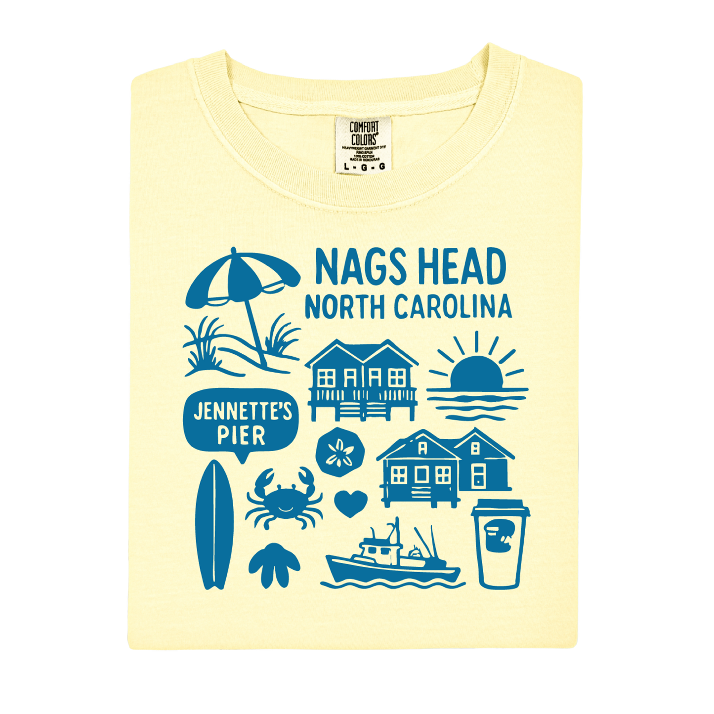 Yellow t-shirt with blue graphics and text on a white background