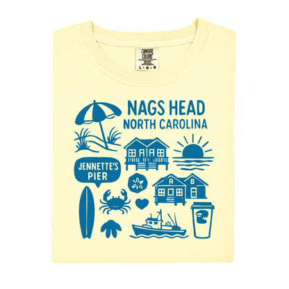 Yellow t-shirt with blue graphics and text on a white background