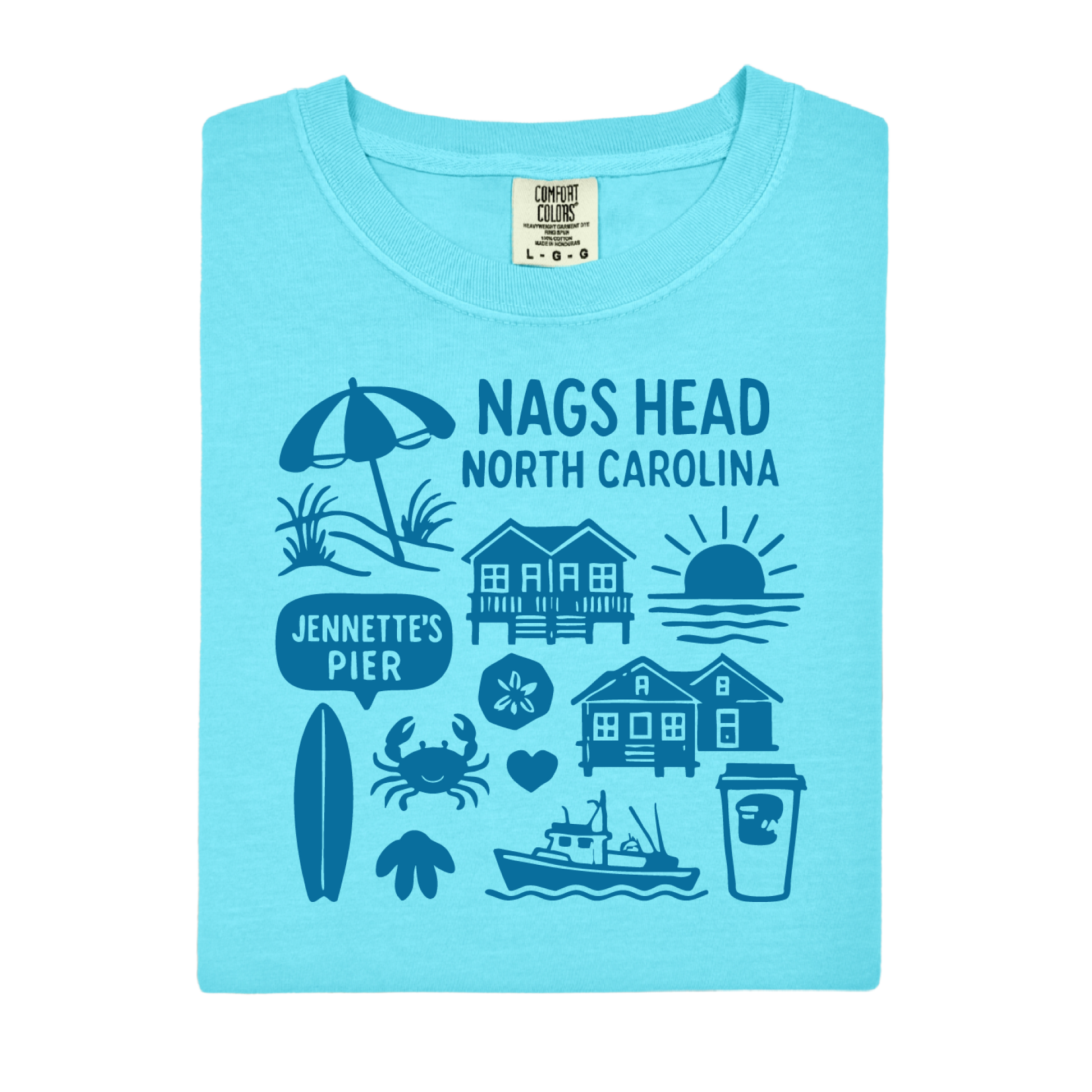 Light blue t-shirt with Nags Head, North Carolina graphics on a white background