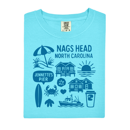 Light blue t-shirt with Nags Head, North Carolina graphics on a white background