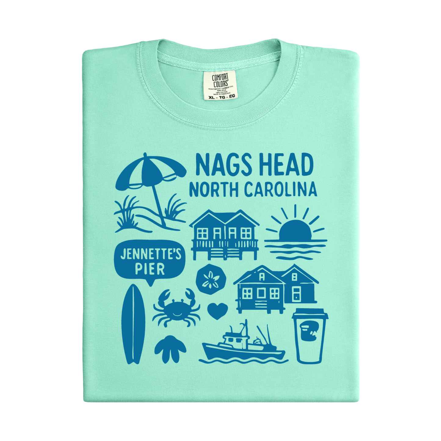 Light green t-shirt with Nags Head, North Carolina graphics and text on a white background