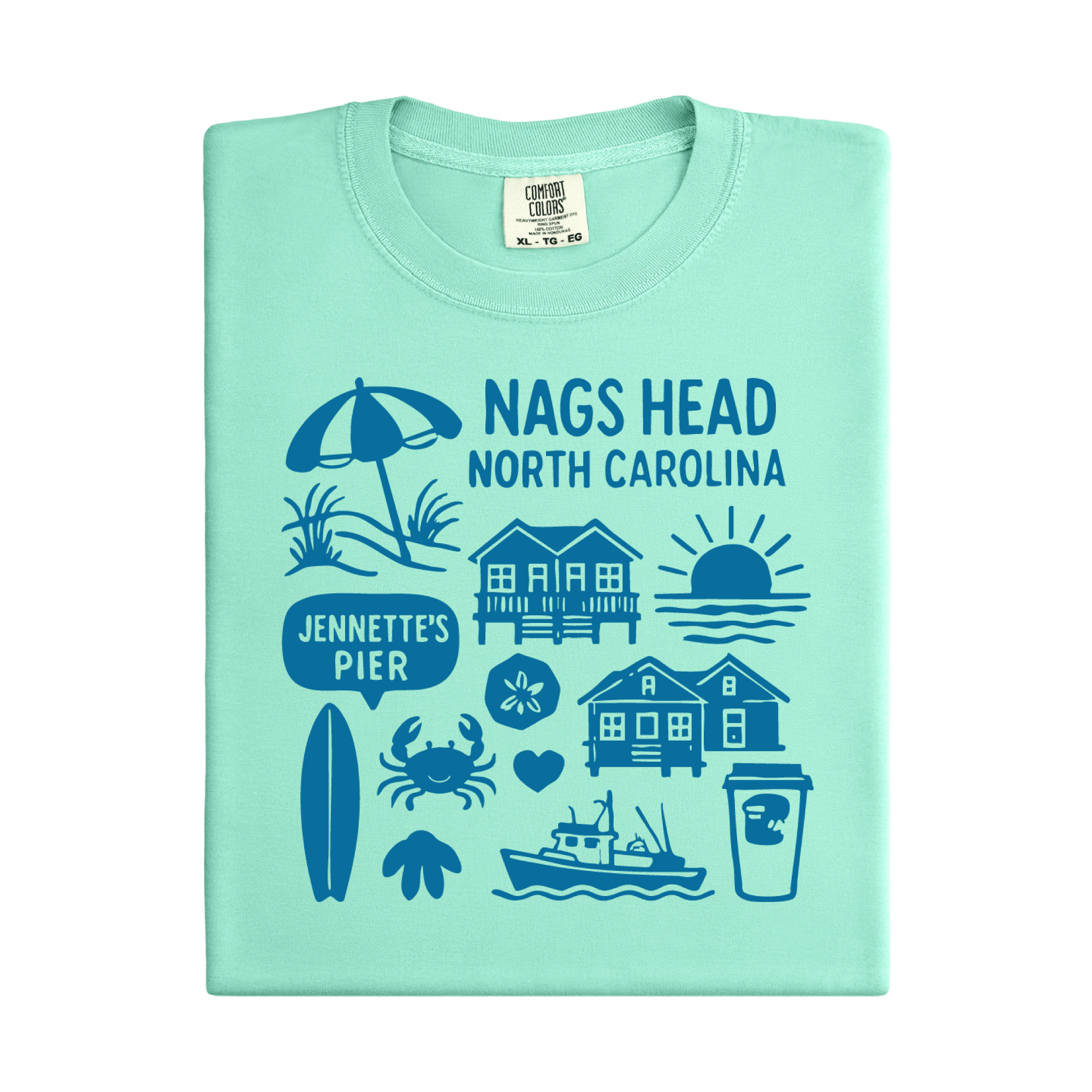 Light green t-shirt with Nags Head, North Carolina graphics and text on a white background