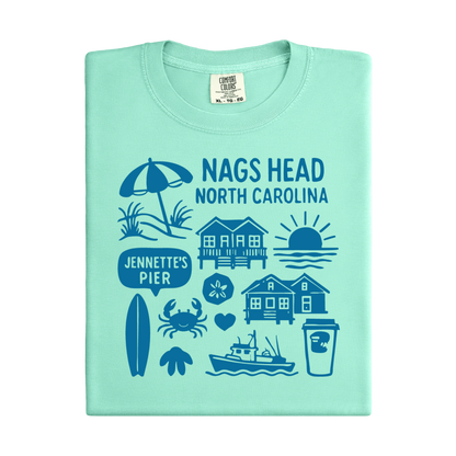 Light green t-shirt with Nags Head, North Carolina graphics and text on a white background