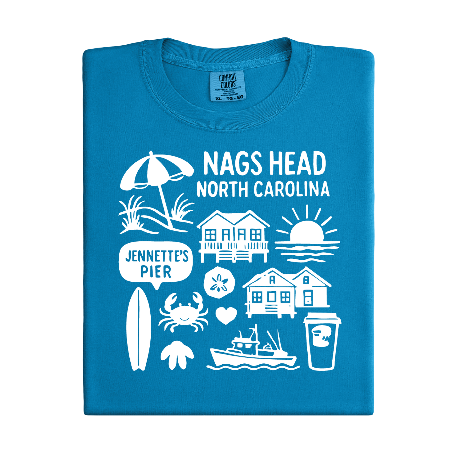 Blue t-shirt with white graphics and text about Nags Head, North Carolina on a white background