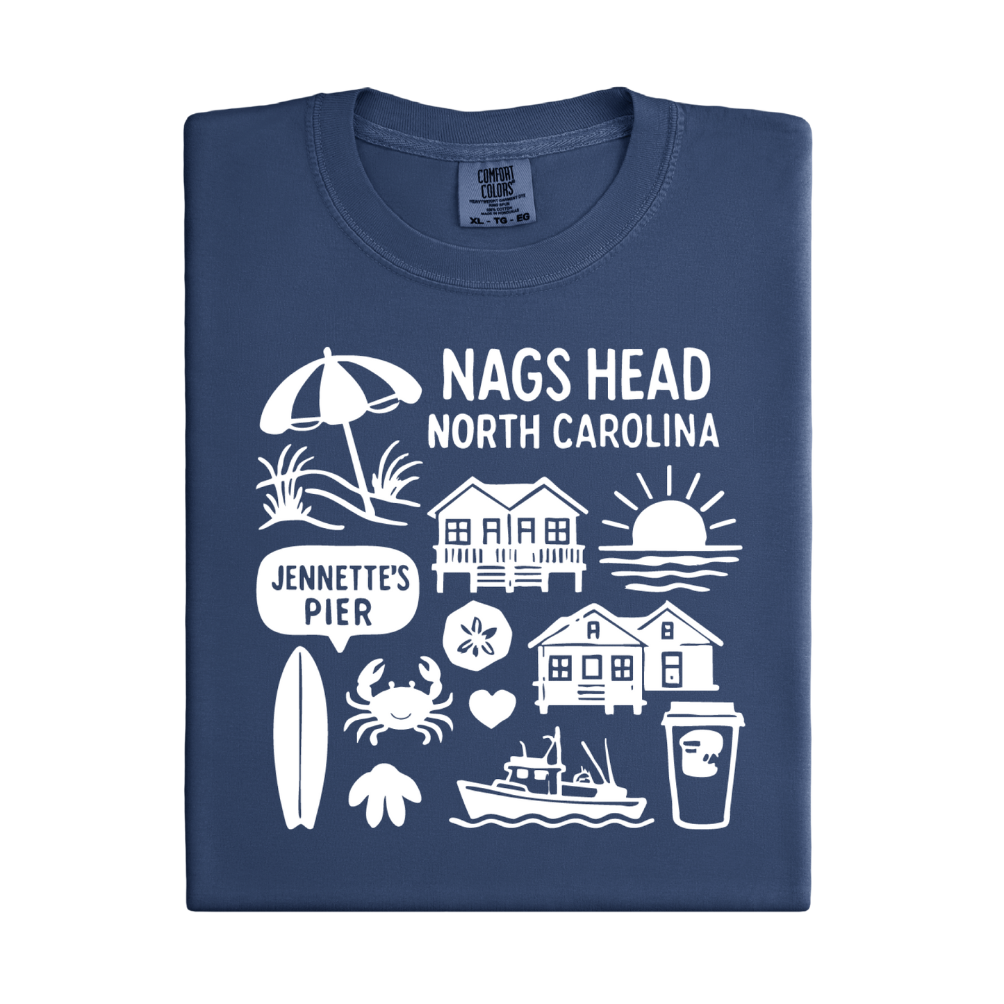 Navy blue t-shirt with white Nags Head, North Carolina graphics on a white background