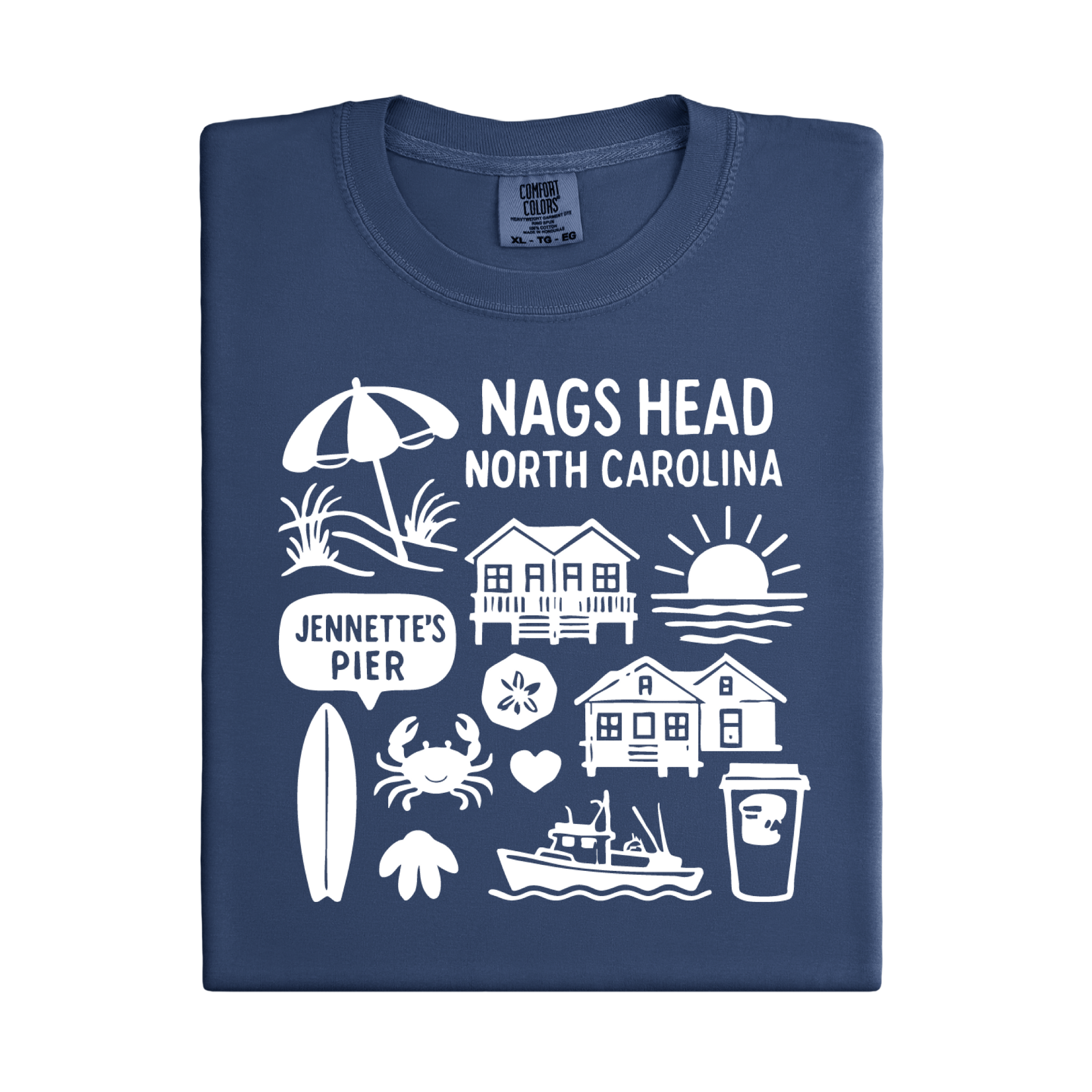 Navy blue t-shirt with white Nags Head, North Carolina graphics on a white background