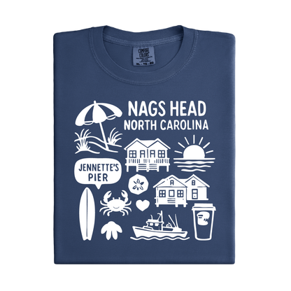 Navy blue t-shirt with white Nags Head, North Carolina graphics on a white background