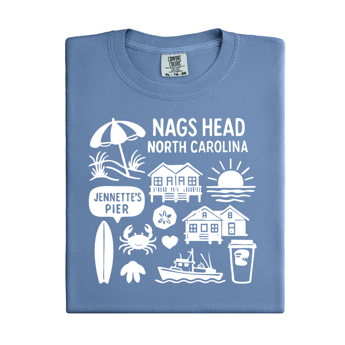 Folded blue t-shirt with white graphics and text on a white background