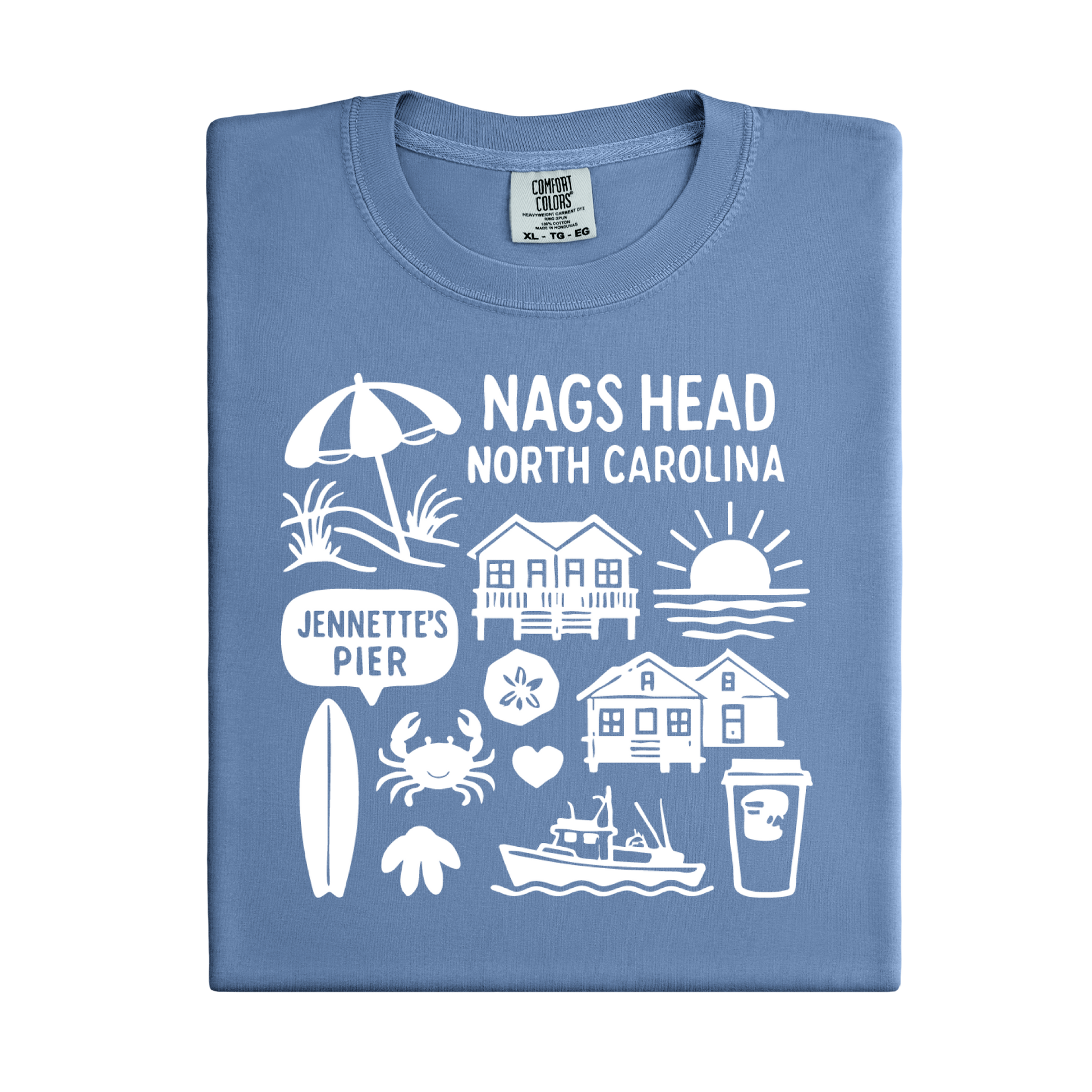 Folded blue t-shirt with white graphics and text on a white background