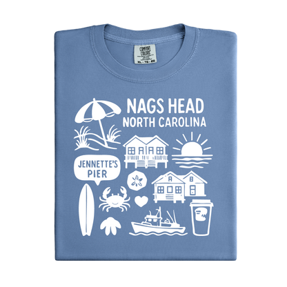 Folded blue t-shirt with white graphics and text on a white background