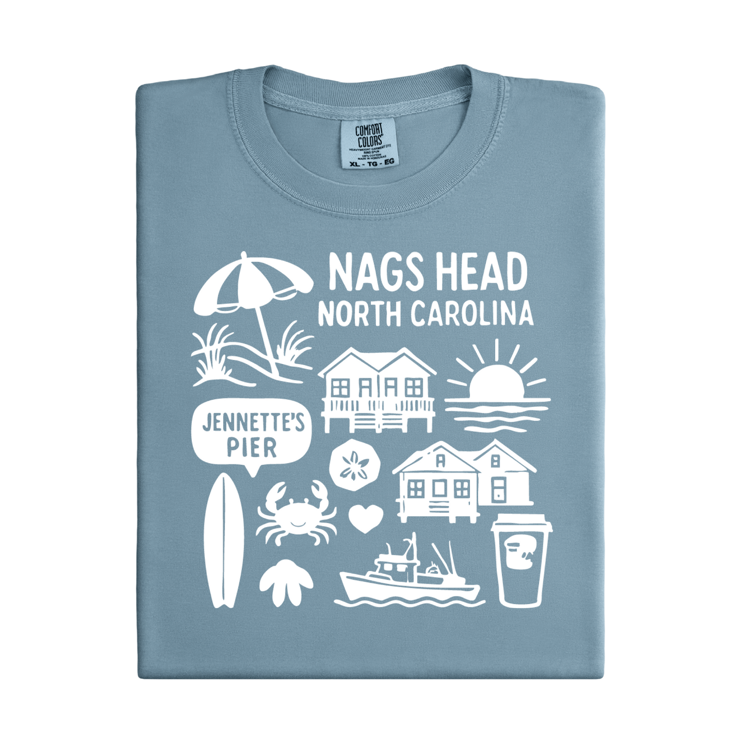Blue t-shirt with white graphics and text about Nags Head, North Carolina