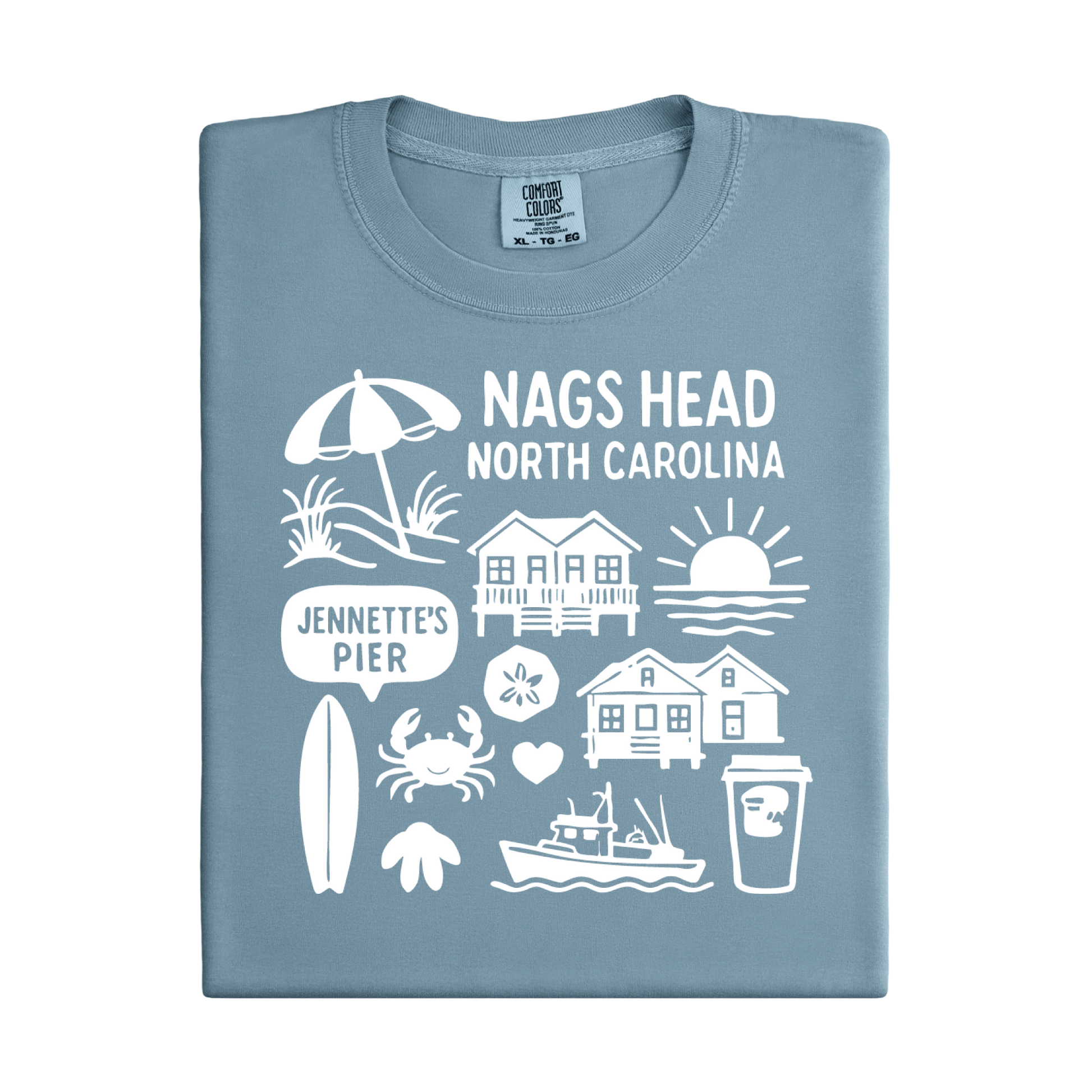 Blue t-shirt with white graphics and text about Nags Head, North Carolina