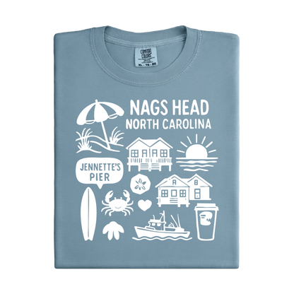 Blue t-shirt with white graphics and text about Nags Head, North Carolina