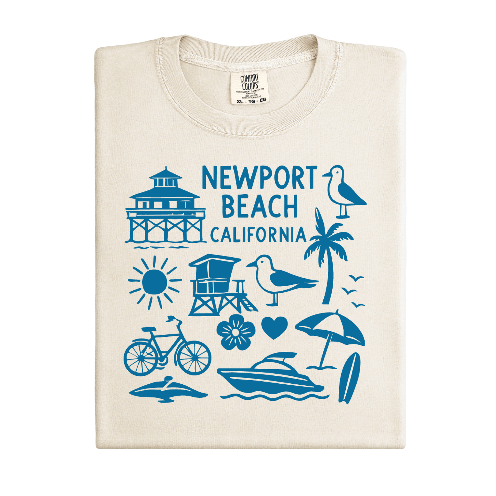 Beige t-shirt with blue Newport Beach California graphics on a white background