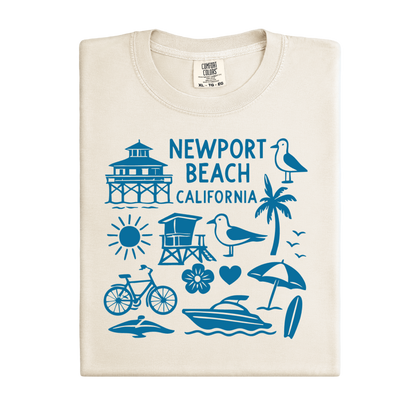 Beige t-shirt with blue Newport Beach California graphics on a white background