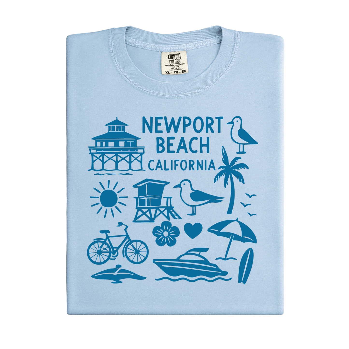 Light blue t-shirt with Newport Beach California graphics on a white background