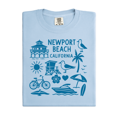 Light blue t-shirt with Newport Beach California graphics on a white background