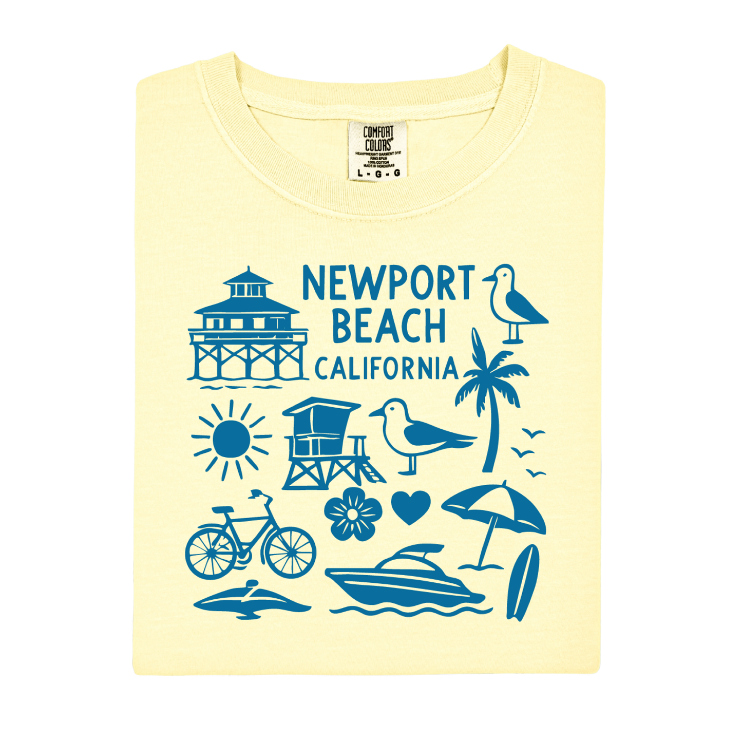Yellow t-shirt with blue Newport Beach California graphics on a white background