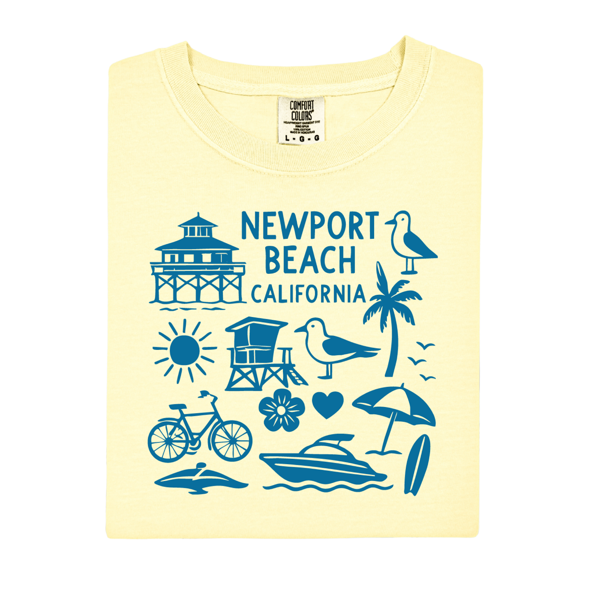 Yellow t-shirt with blue Newport Beach California graphics on a white background
