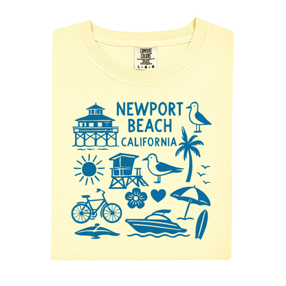 Yellow t-shirt with blue Newport Beach California graphics on a white background