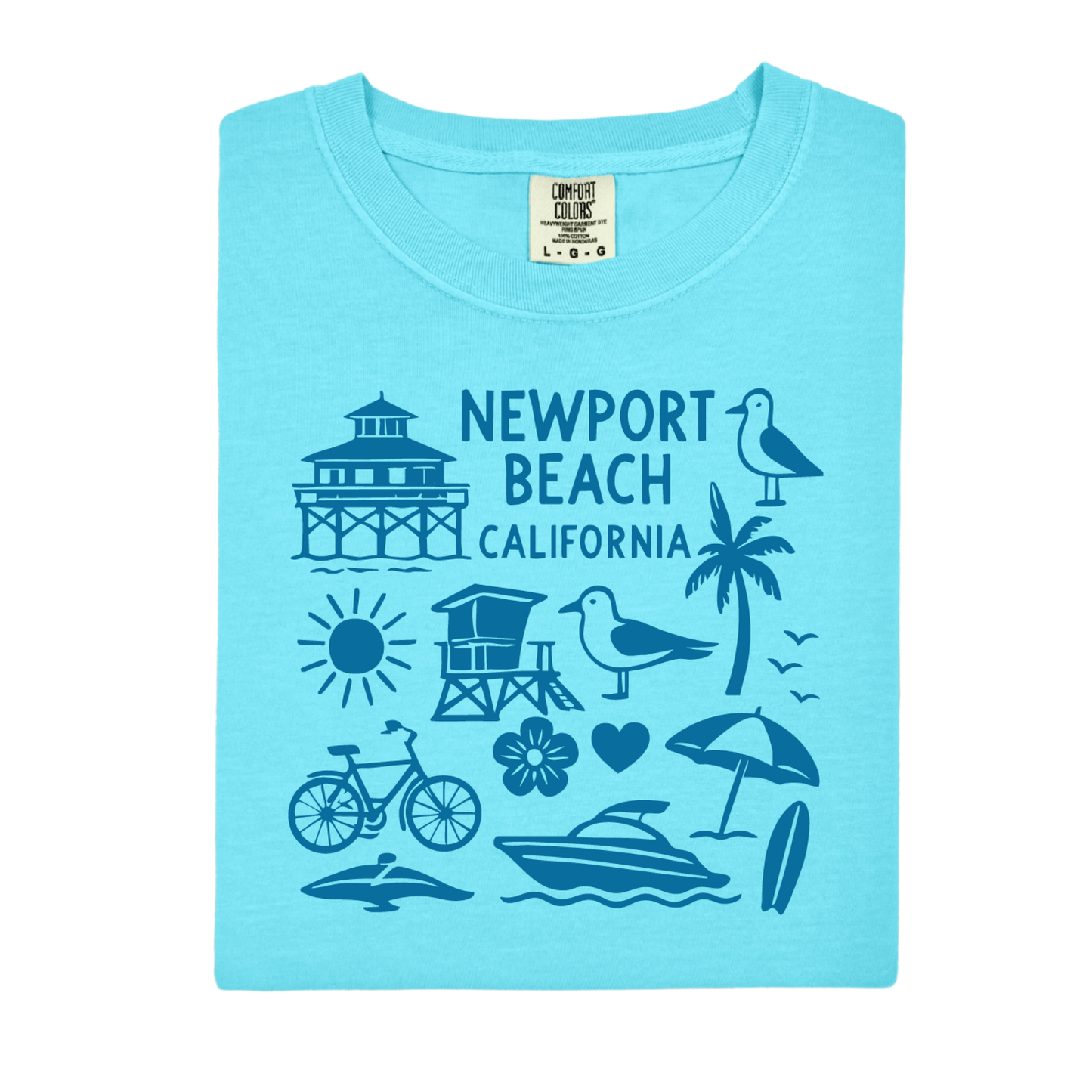 Light blue t-shirt with Newport Beach California graphics on a white background