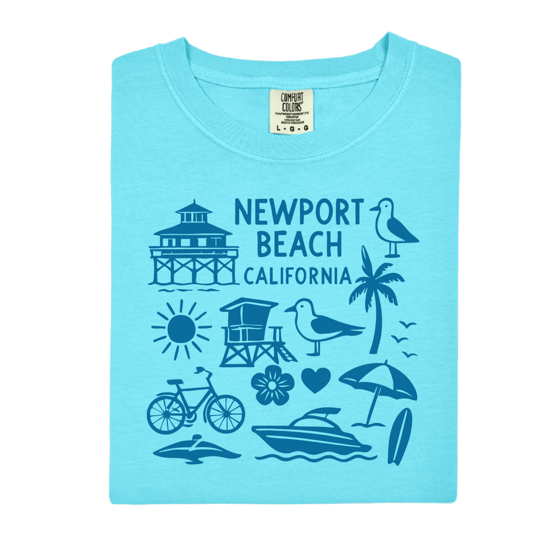 Light blue t-shirt with Newport Beach California graphics on a white background