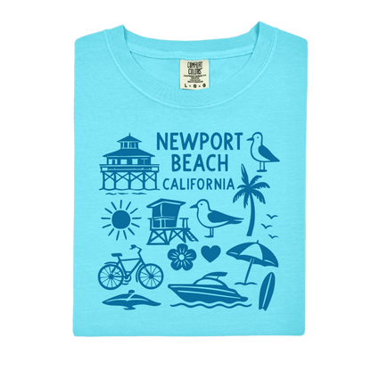Light blue t-shirt with Newport Beach California graphics on a white background