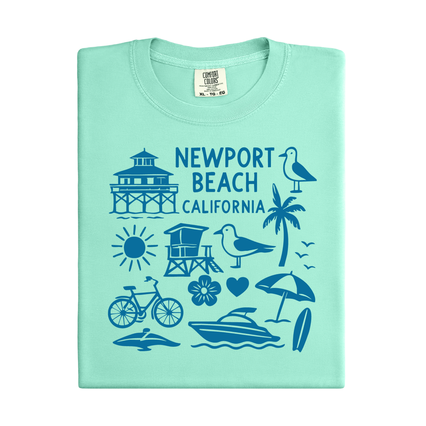 Light green t-shirt with Newport Beach California graphics on a white background