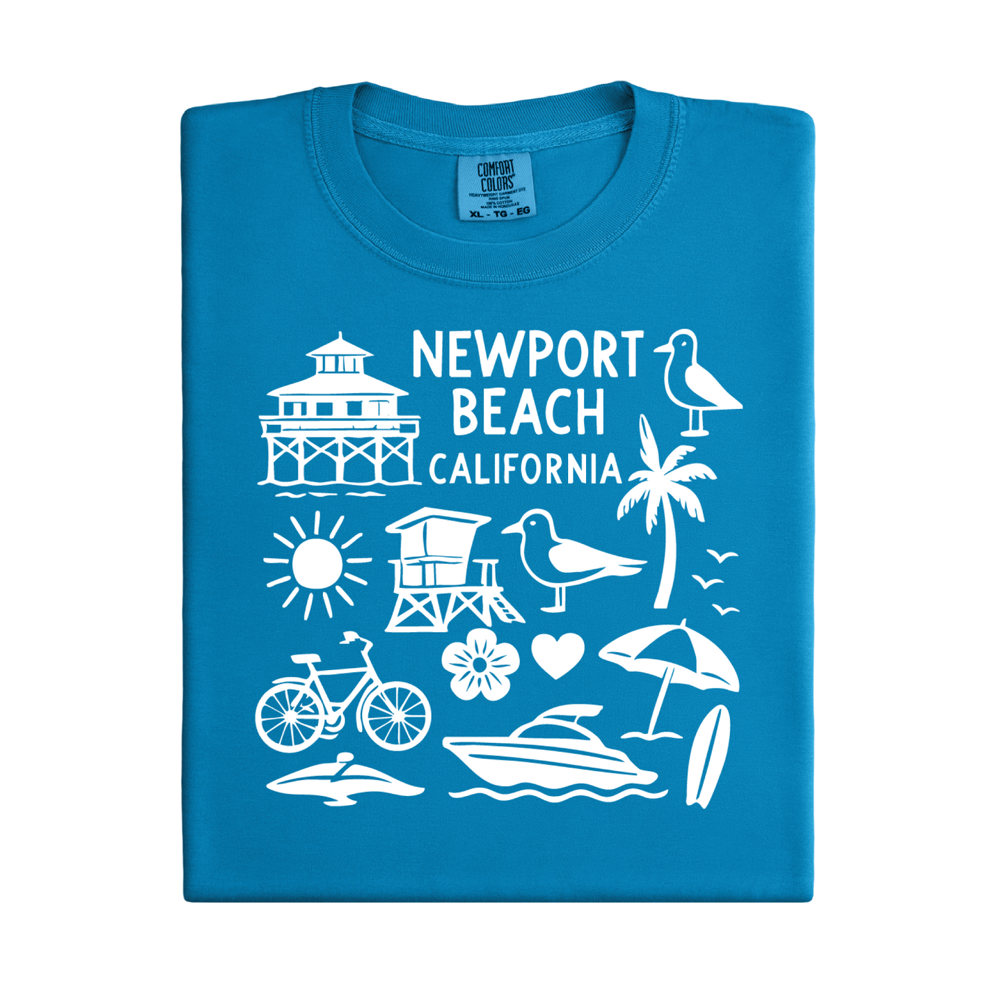 Blue t-shirt with white Newport Beach California graphics on a white background