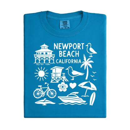 Blue t-shirt with white Newport Beach California graphics on a white background