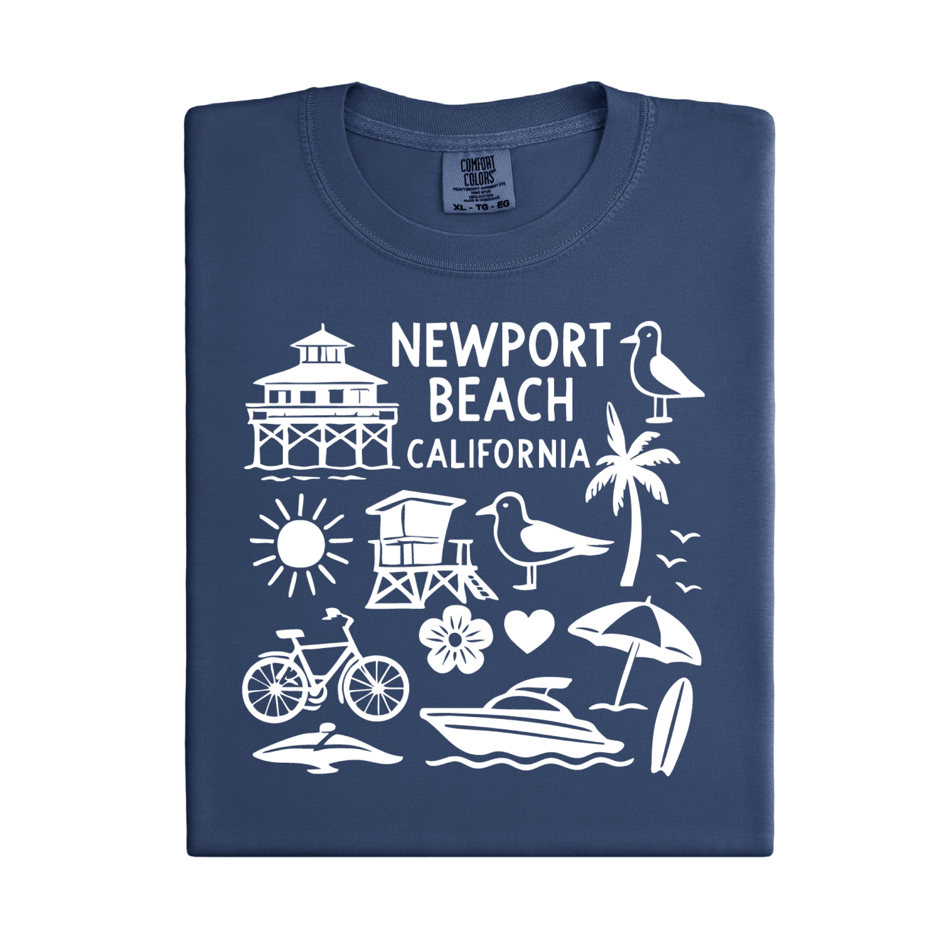 Navy blue t-shirt with white Newport Beach California graphics on a white background