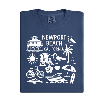 Navy blue t-shirt with white Newport Beach California graphics on a white background