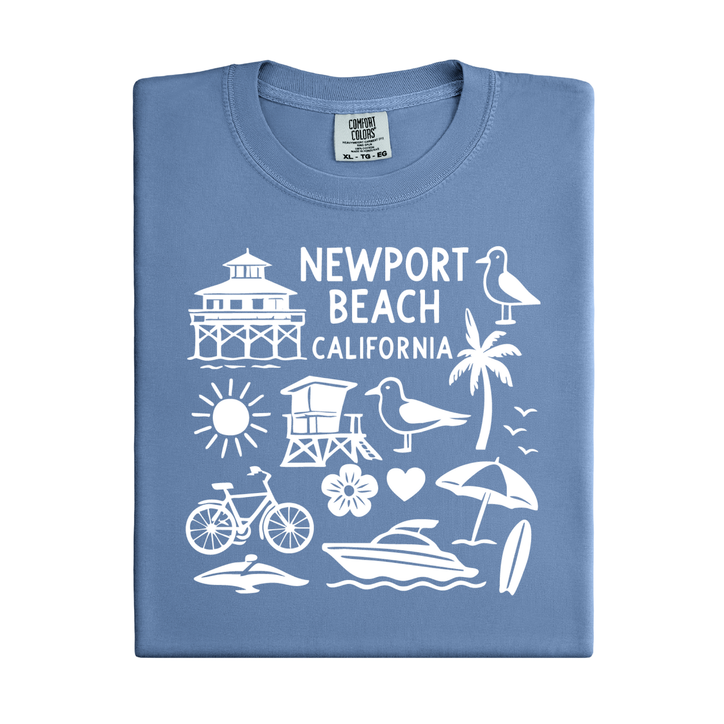 Folded blue t-shirt with white Newport Beach California graphics on a white background