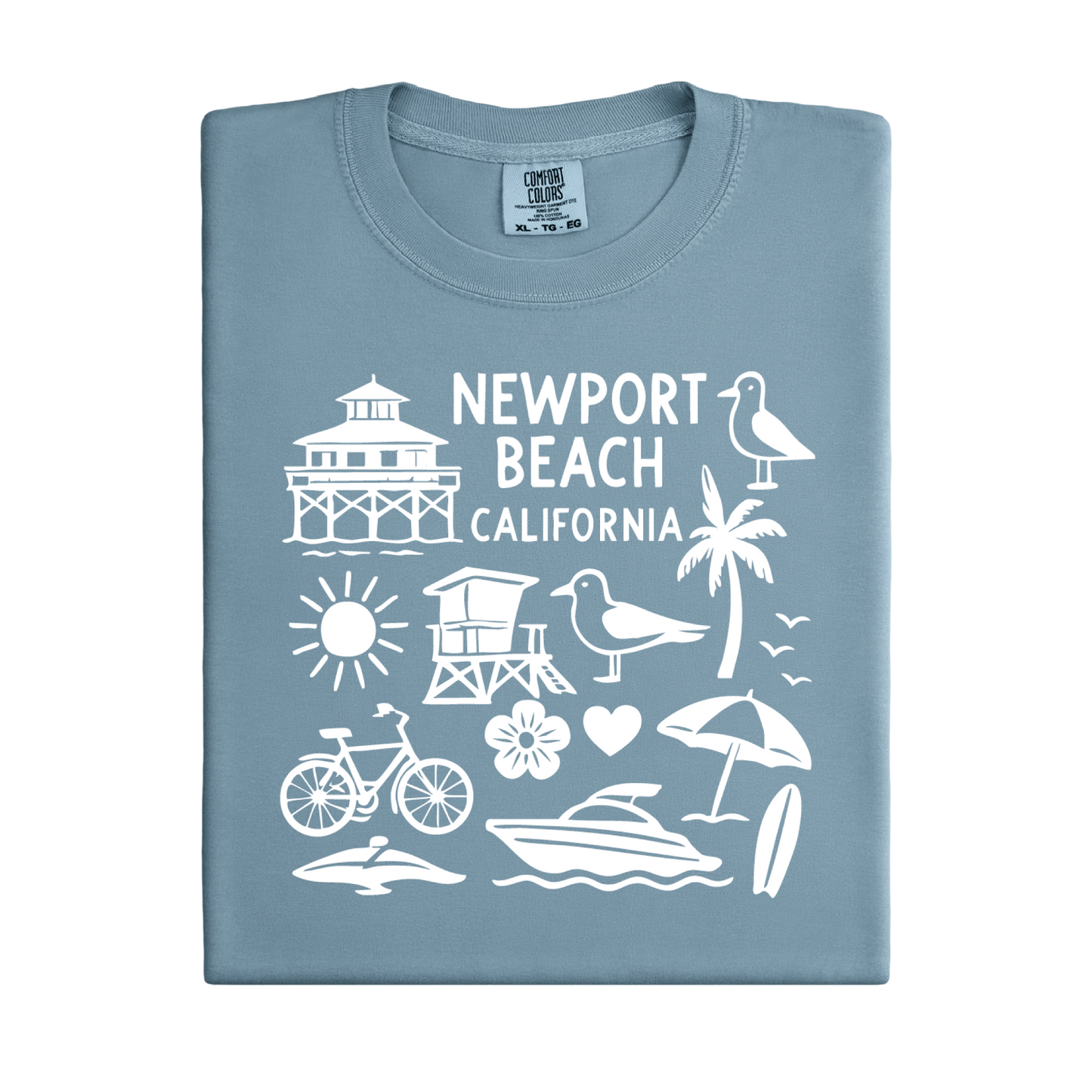 Blue t-shirt with white Newport Beach California graphics on a white background