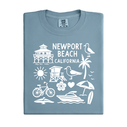 Blue t-shirt with white Newport Beach California graphics on a white background