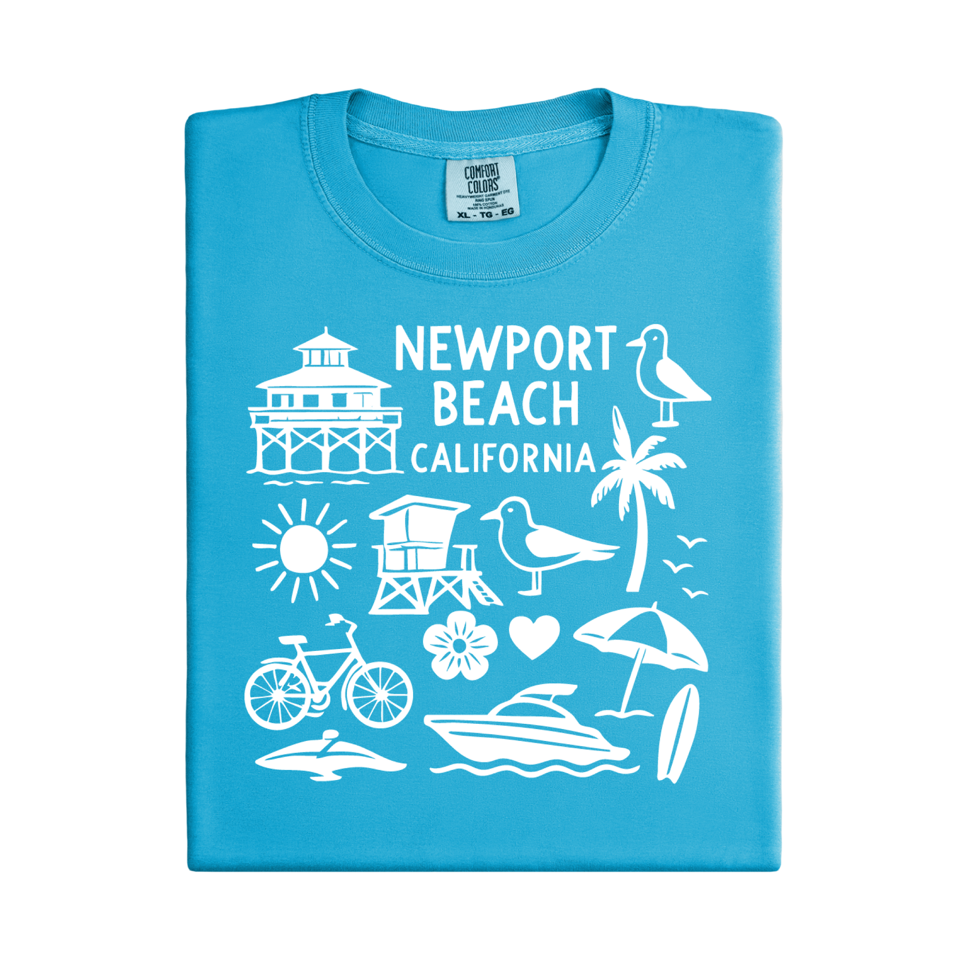 Blue t-shirt with white Newport Beach California graphics on a white background
