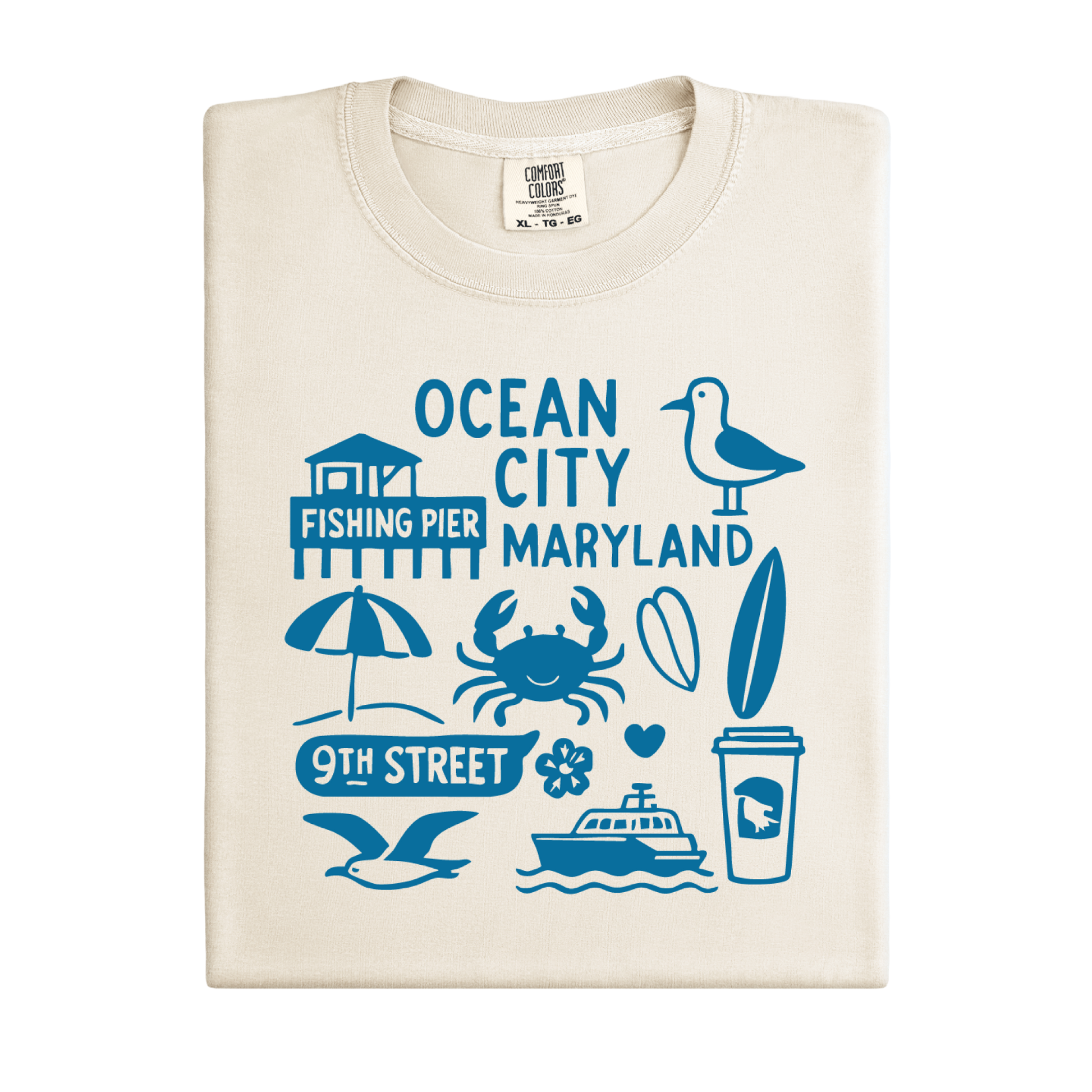 Beige t-shirt with blue graphics and text on a white background