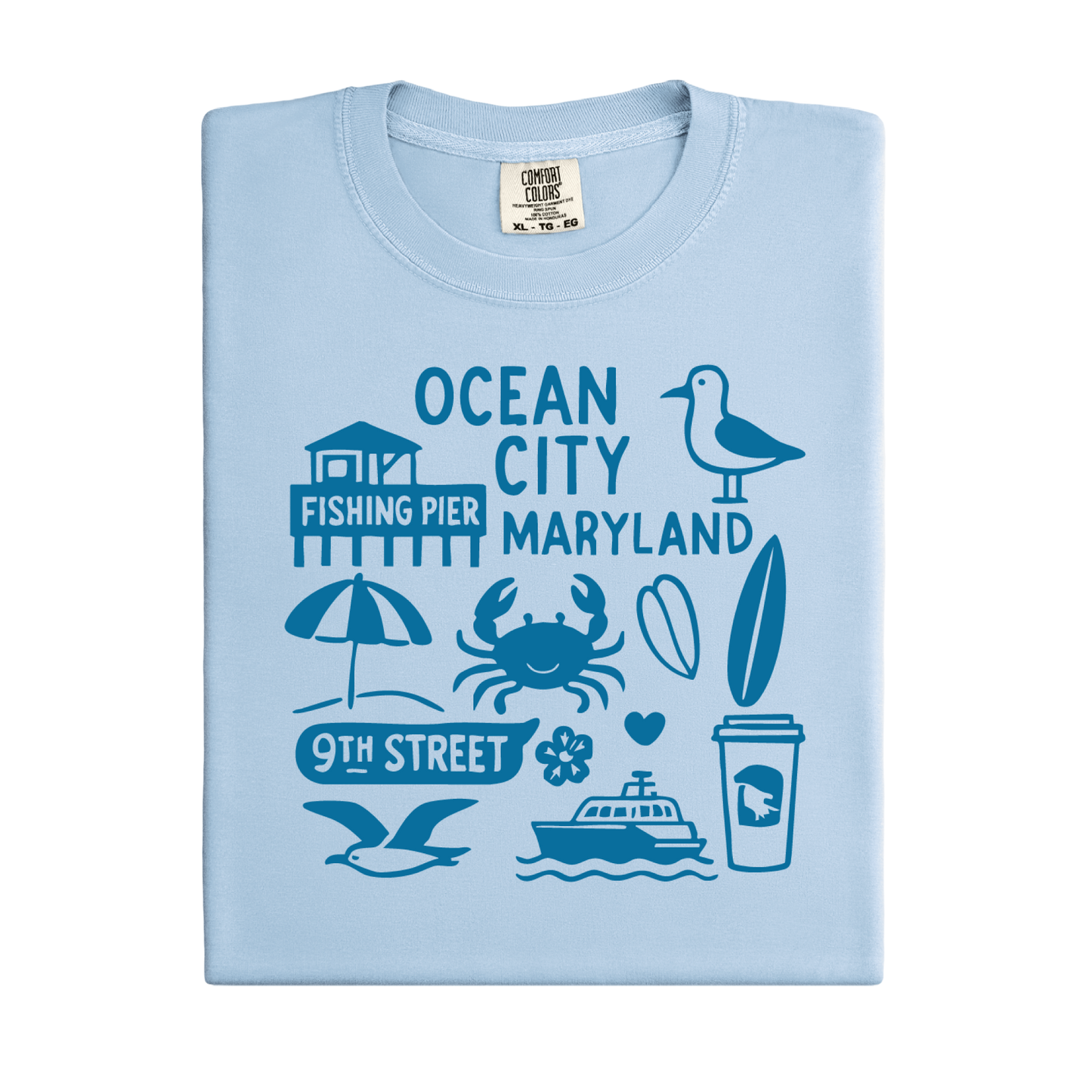 Light blue t-shirt with blue graphics and text on a white background