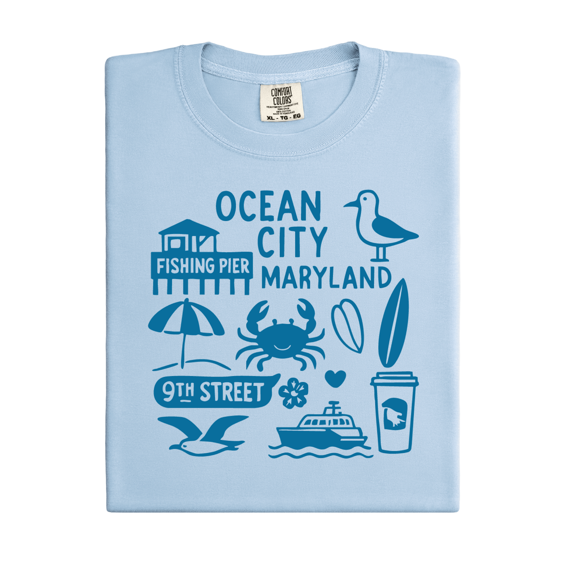 Light blue t-shirt with blue graphics and text on a white background