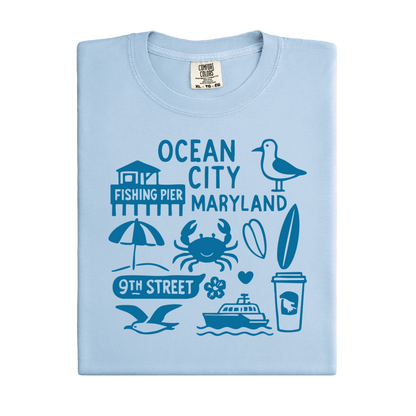 Light blue t-shirt with blue graphics and text on a white background