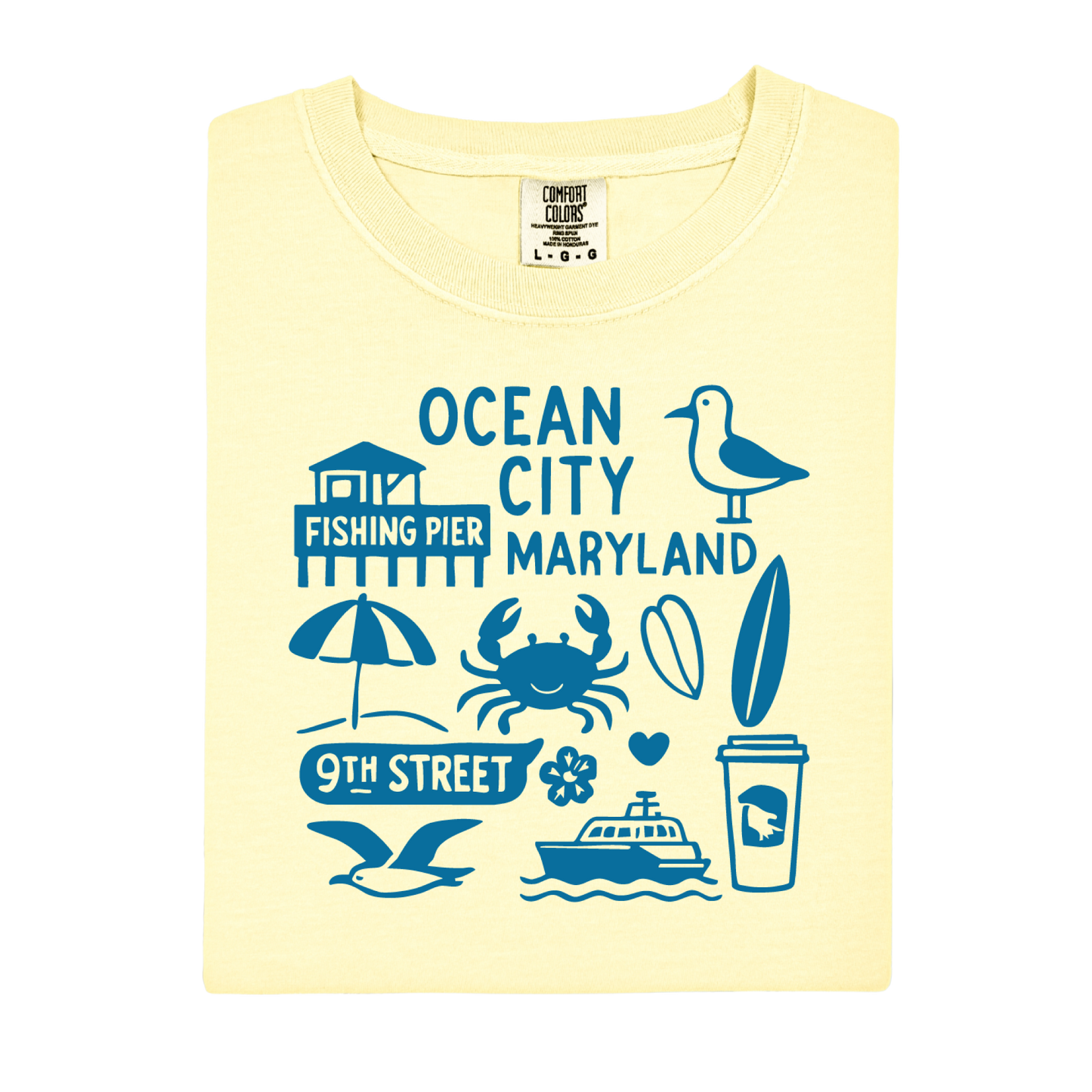 Yellow t-shirt with blue Ocean City, Maryland graphics on a white background