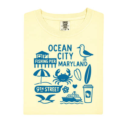 Yellow t-shirt with blue Ocean City, Maryland graphics on a white background